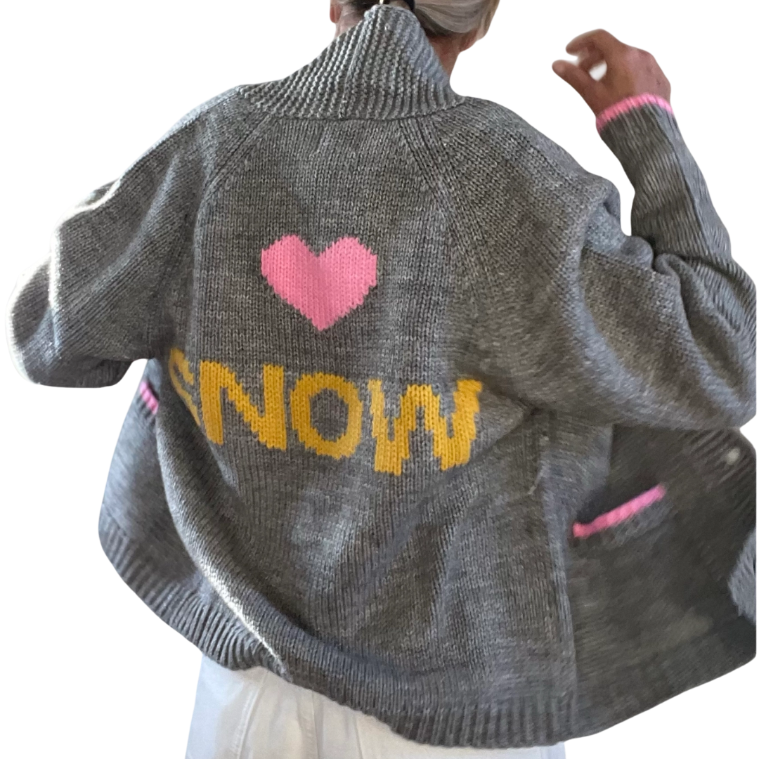 Chunky Heart Snow Letterman Sweater in Grey