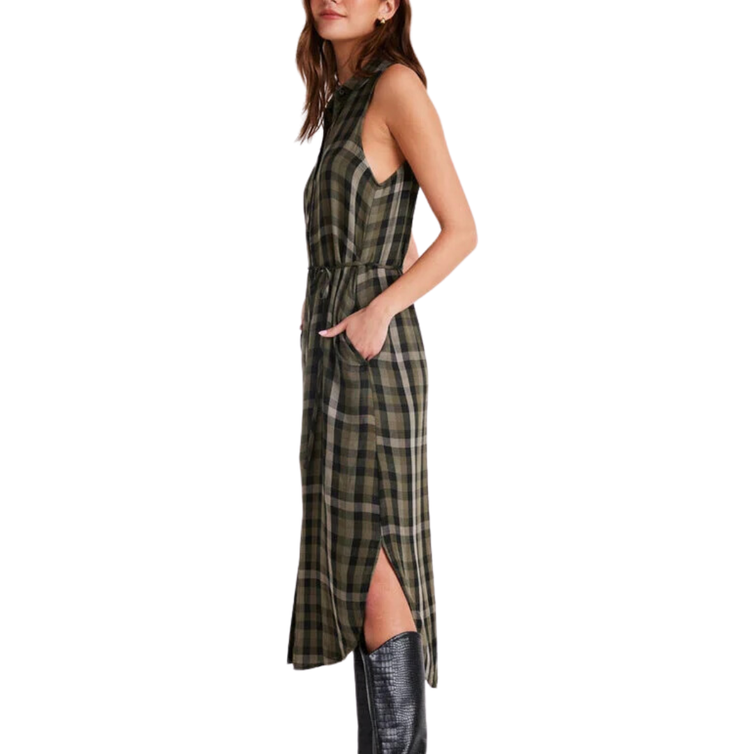 Sleeveless Button Down Midi Dress in Olive Plaid