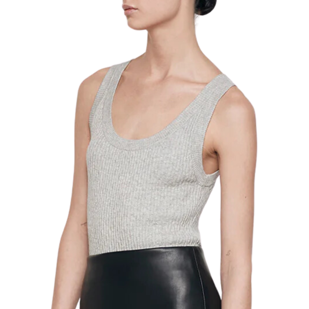 Cashmere Cotton Pointelle Knit Tank in Light Heather Grey