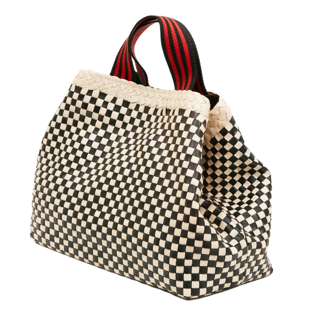Bateau Tote in Cream & Black Border Woven Checker
