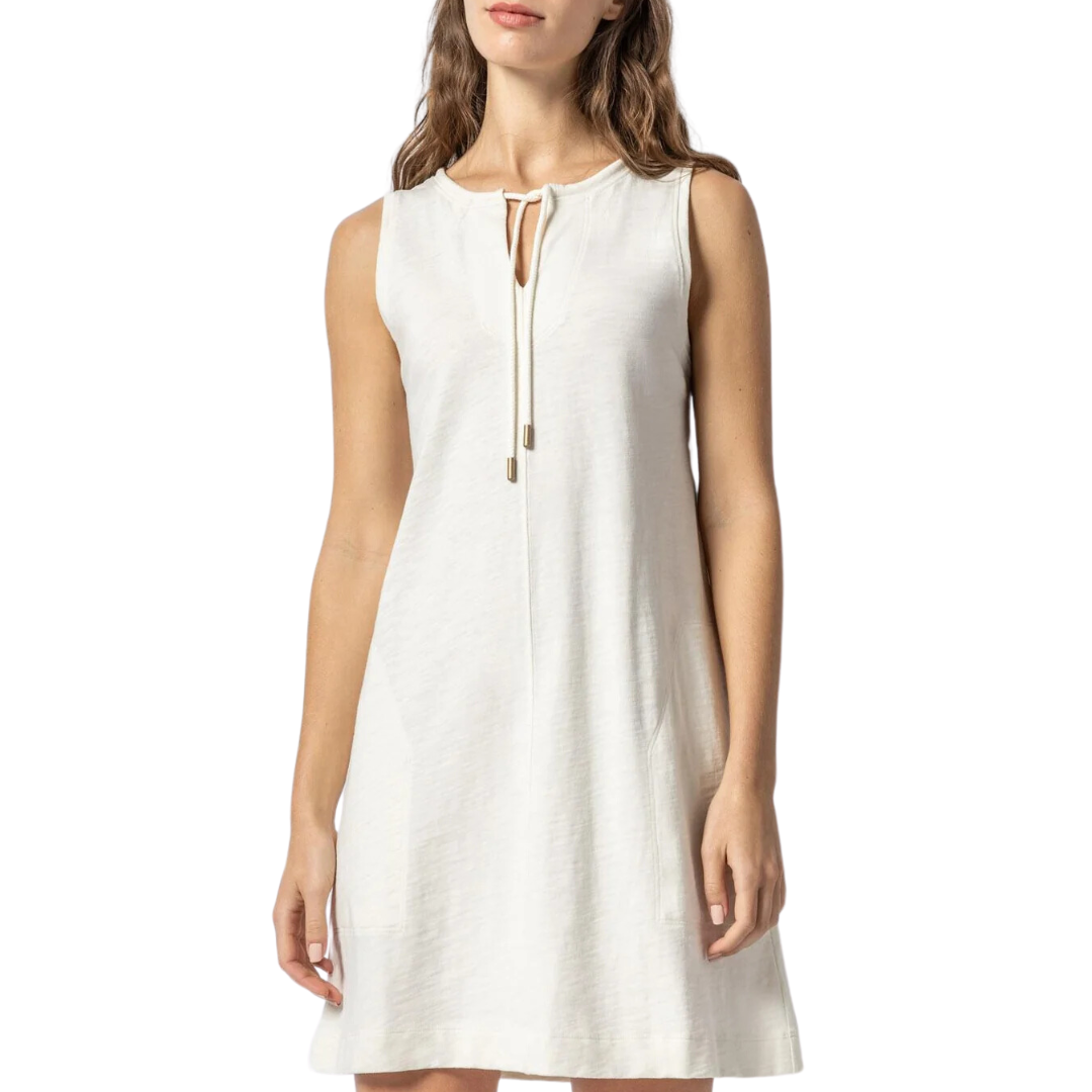 Split Neck Sleeveless Dress in Ecru