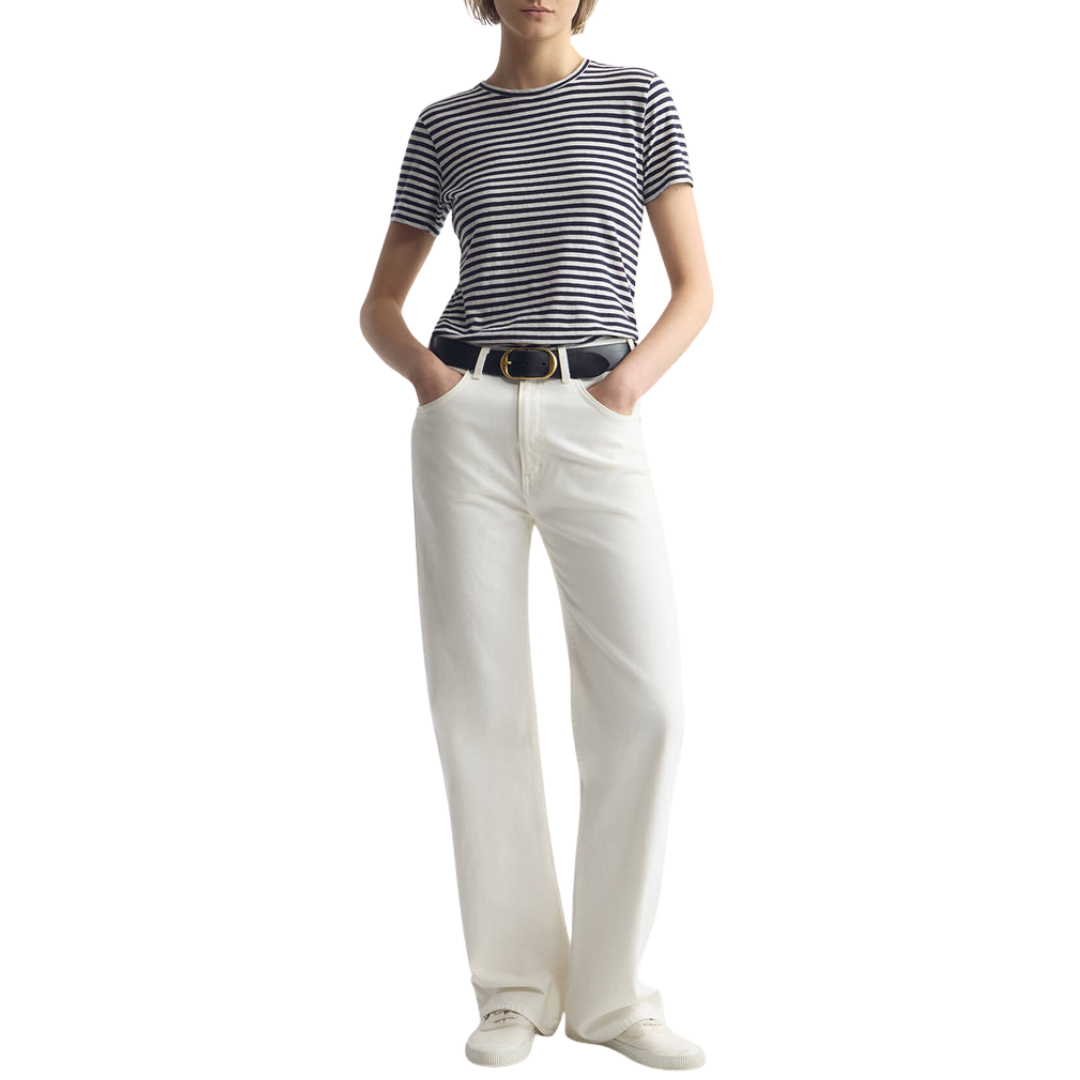 Lana Crewneck Tee in White/Dark Navy Stripe