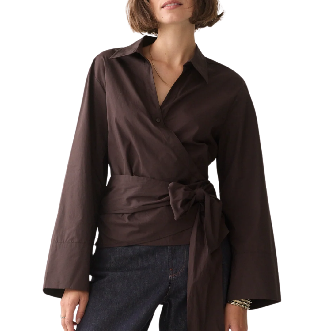 Wrap Blouse Crispy Poplin in Dark Chocolate