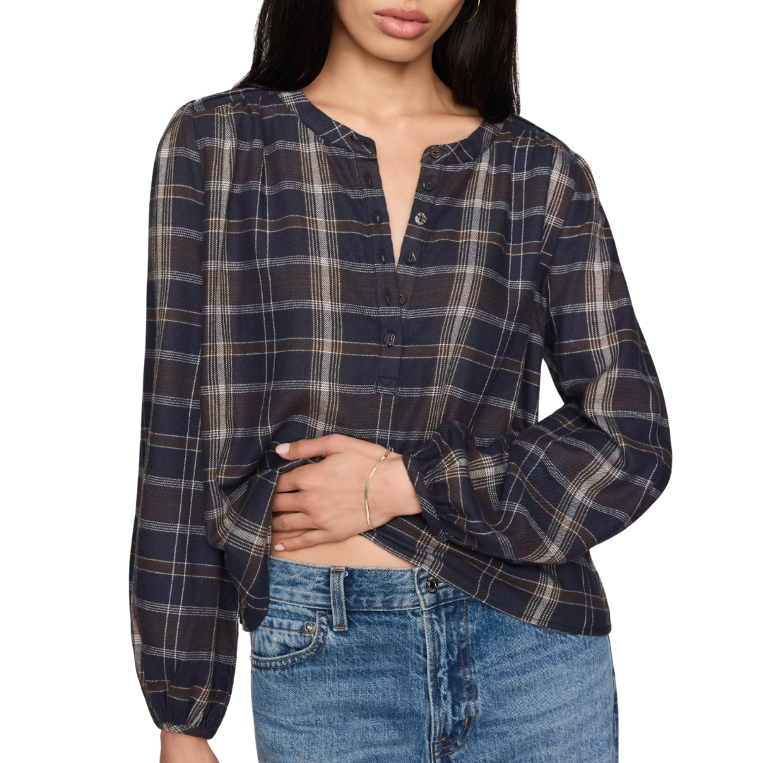 Autumn Plaid Henley Blouse in Eclipse