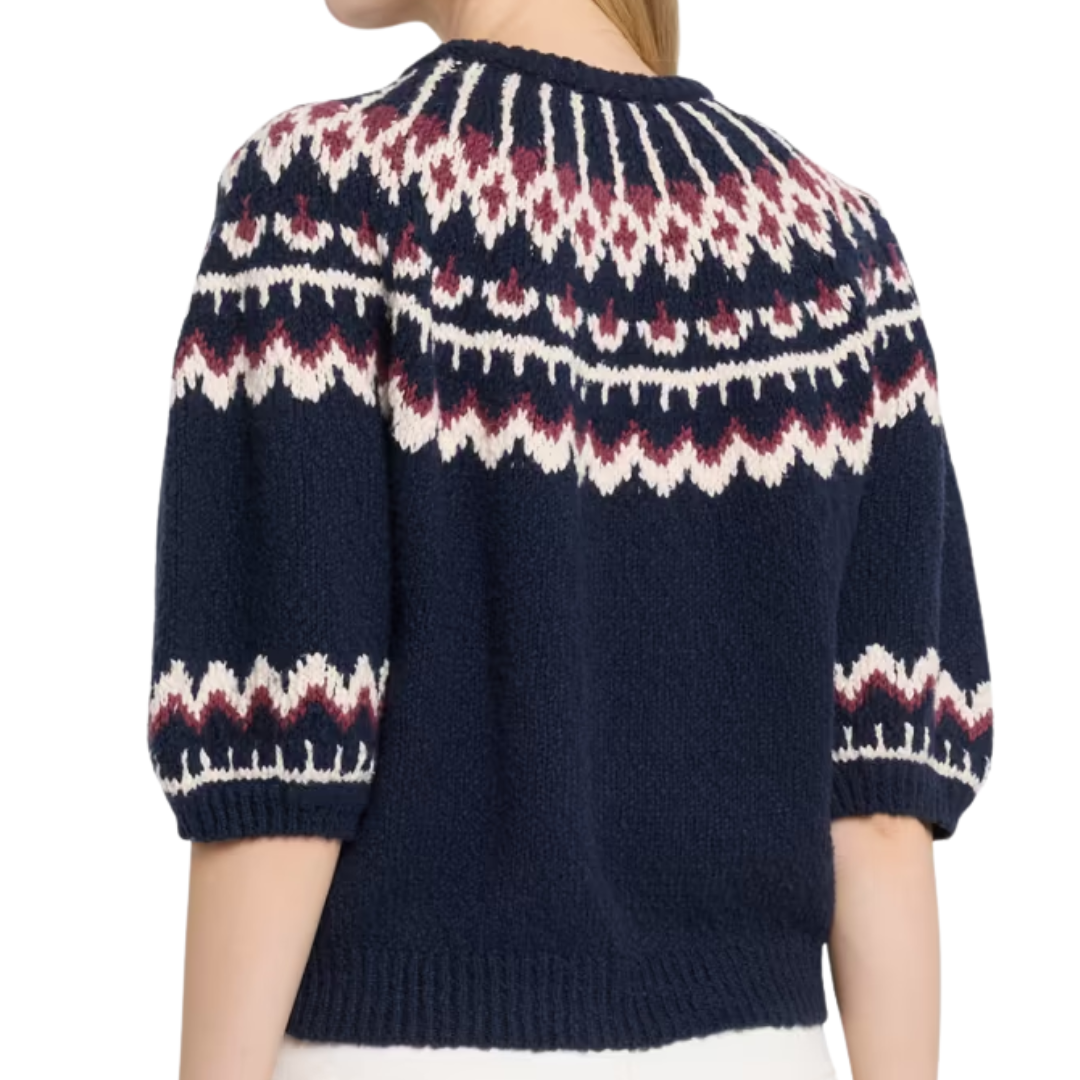 Puff Sleeve Fair Isle Crew in Navy/Wine Combo