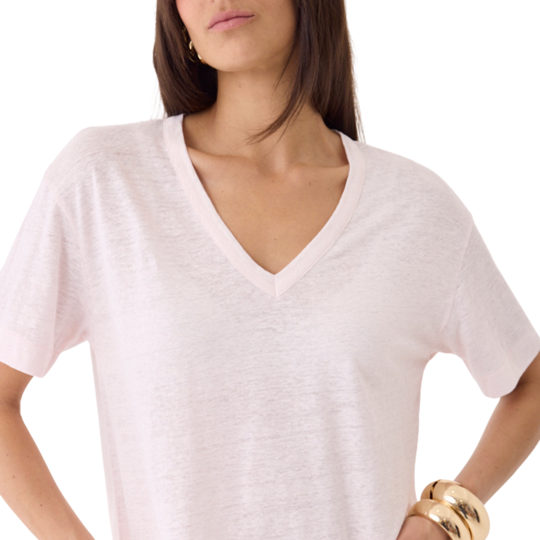 Stretch Linen Short Sleeve Semi Relaxed V-Neck in Eau De Rose