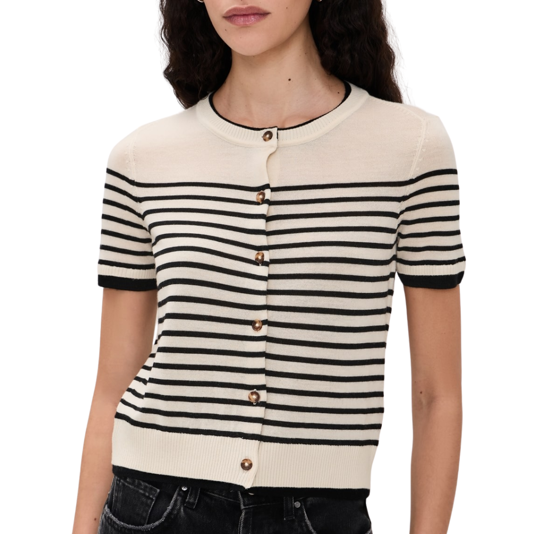 Anne Short Sleeve Stripe Cardigan in Ivory