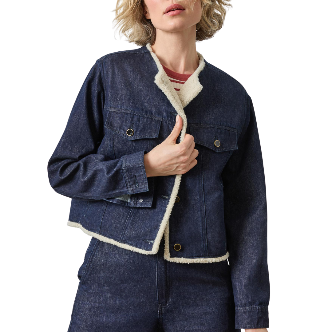 Sherpa Lined Jean Jacket in Dark Wash Blue