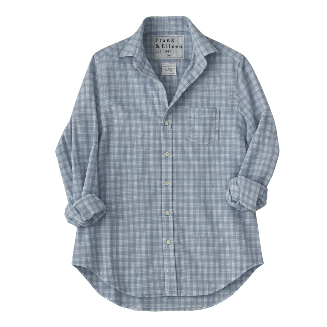 Eileen Relaxed Button-Up Shirt in Light Blue, Grey Plaid