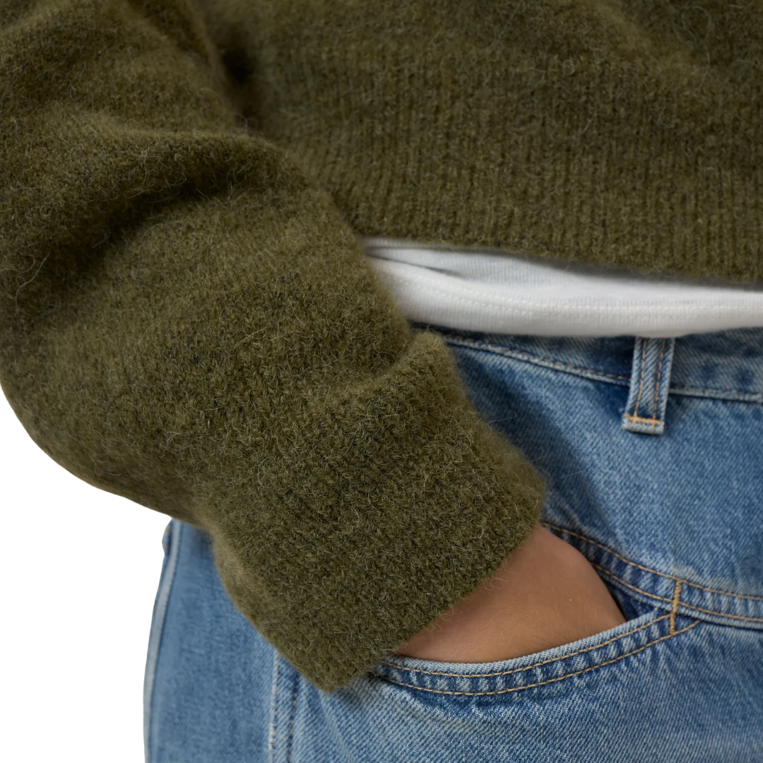 Crew Neck Cardigan in Deep Olive