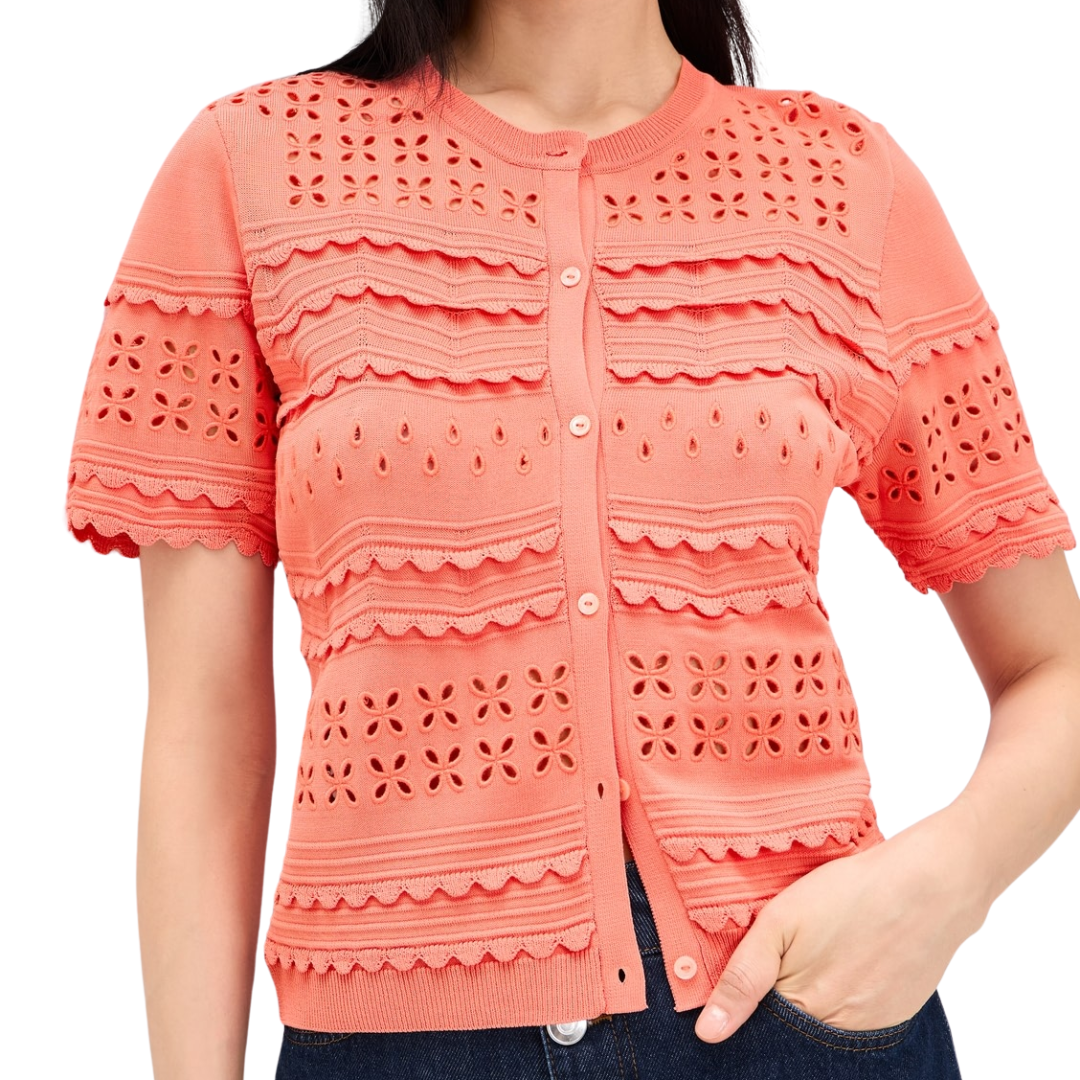 Abriana Eyelet Knit Cardigan in Coral