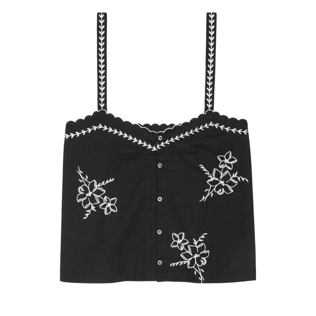 The Weekend Tank W/ Hanky Embroidery in Black