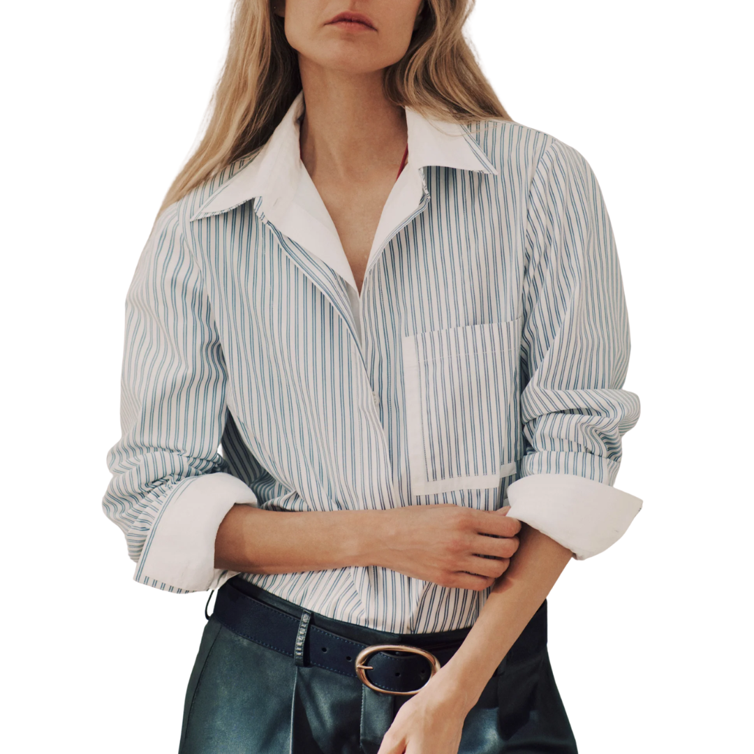 Double Layer Boyfriend Shirt in White/Navy