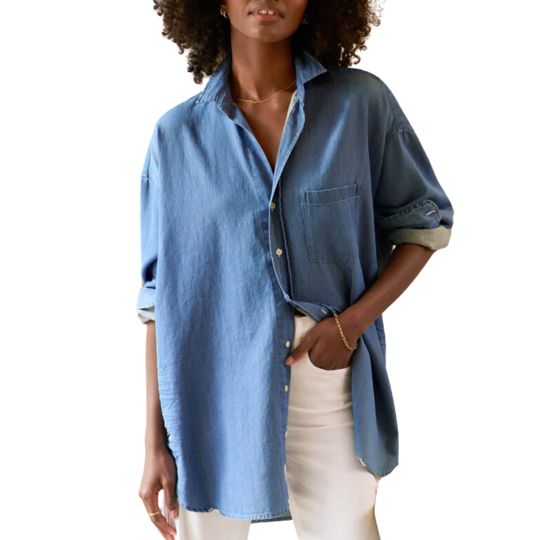 Shirley Oversized Button-Up Shirt in Vintage Stonewashed Indigo