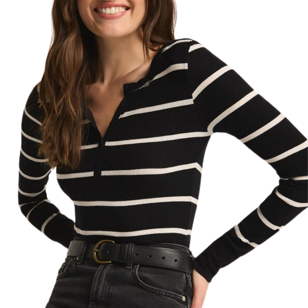 Scarlett Rib Stripe Henley in Black