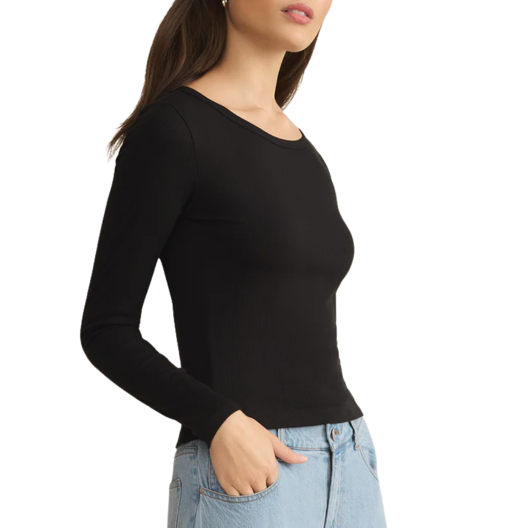 Infinity Fitted Rib Long Sleeve Tee in Black