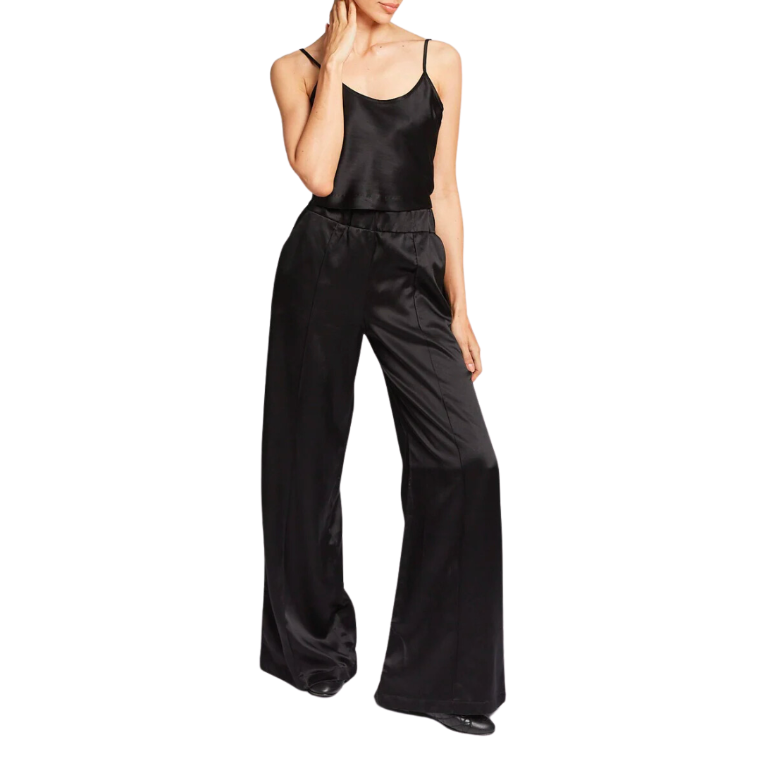 Silk Wide Leg Pintuck Pants in Black