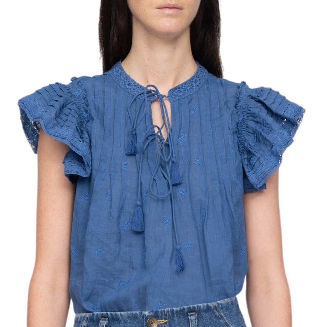 Loren Solid Flutter Sleeve Top in Blue