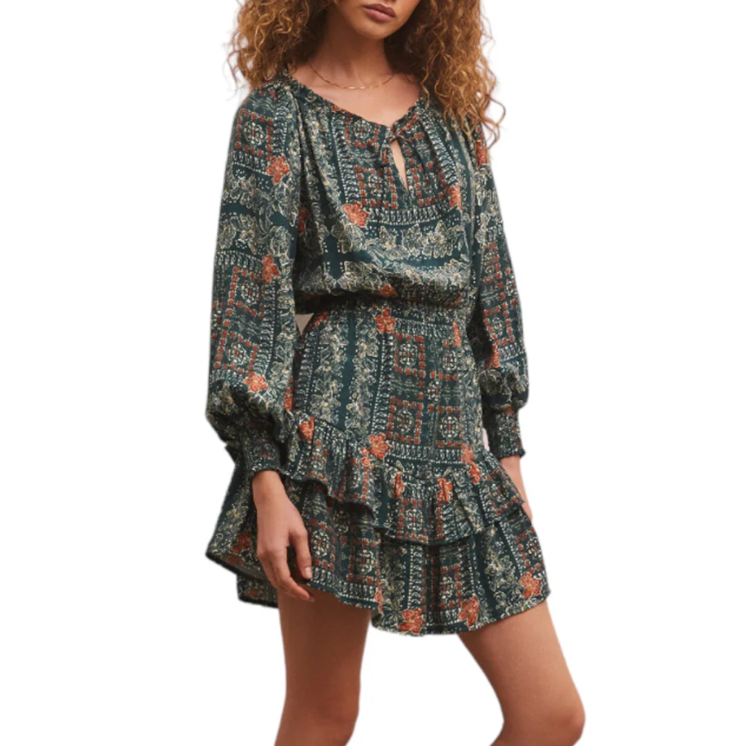 Jo Printed Mini Dress in Calypso Green