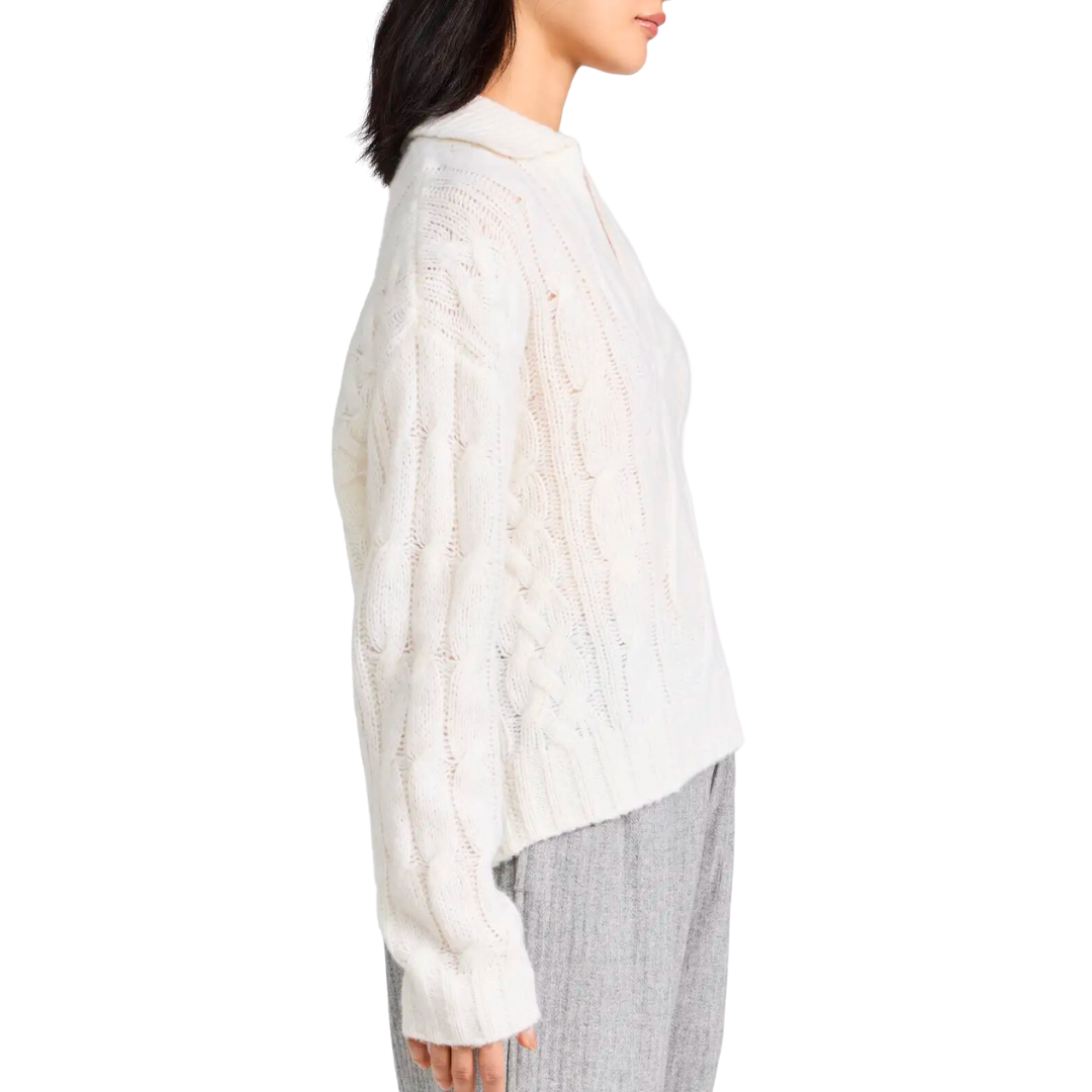 Luxe Cashmere Blend Mixed Cable Polo in Ivory