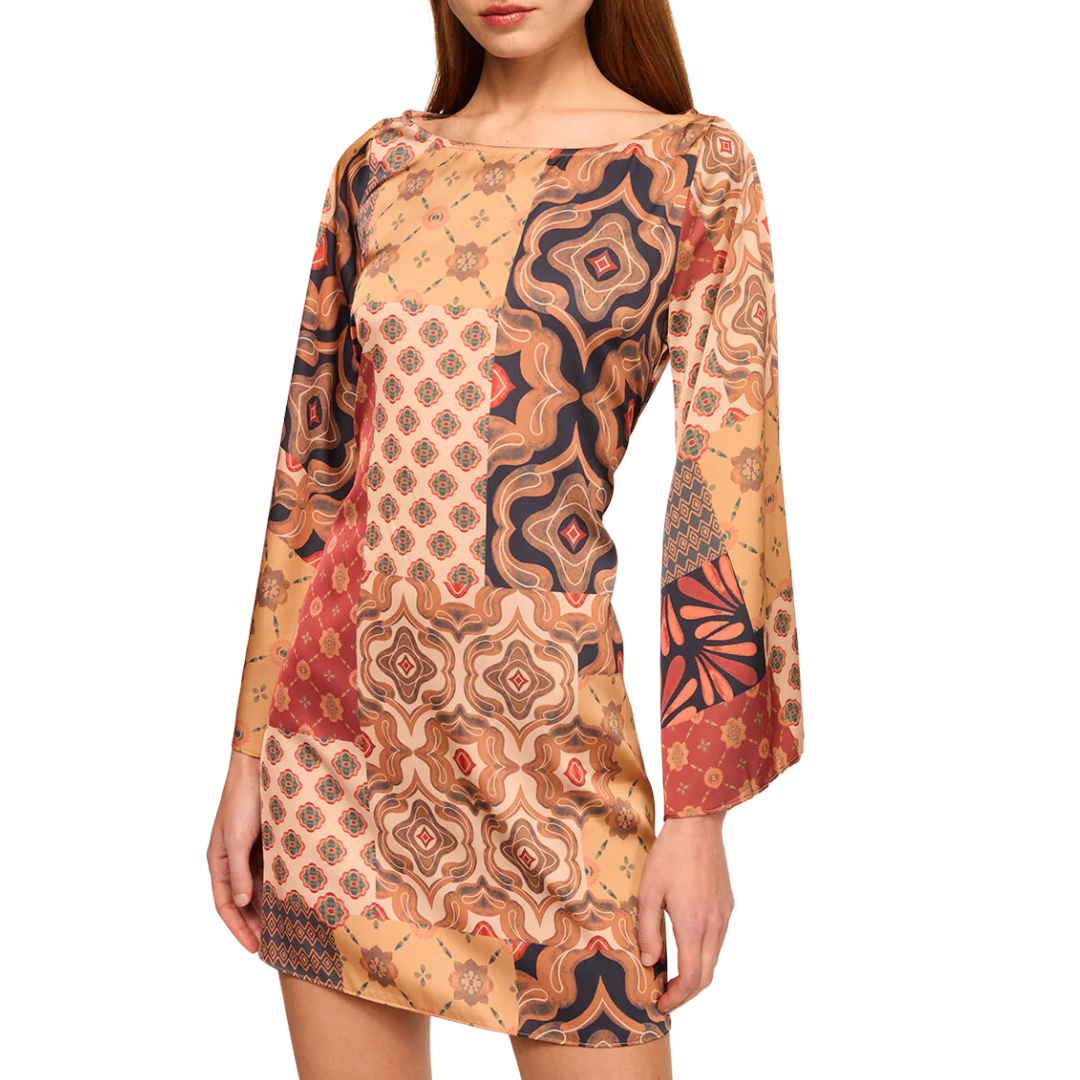 Twiggy Dress in Surreal Patchwork Satin