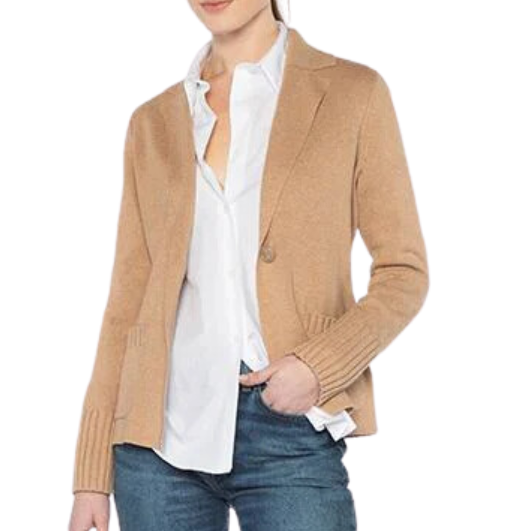Rib Trim Notch Collar Cardigan in Camel