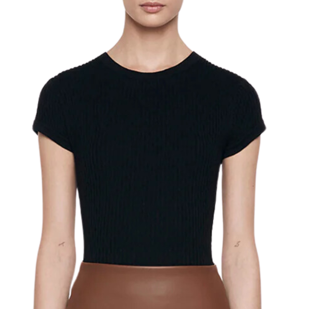 Cashmere Cotton Pointelle Cap Sleeve Crew in Black