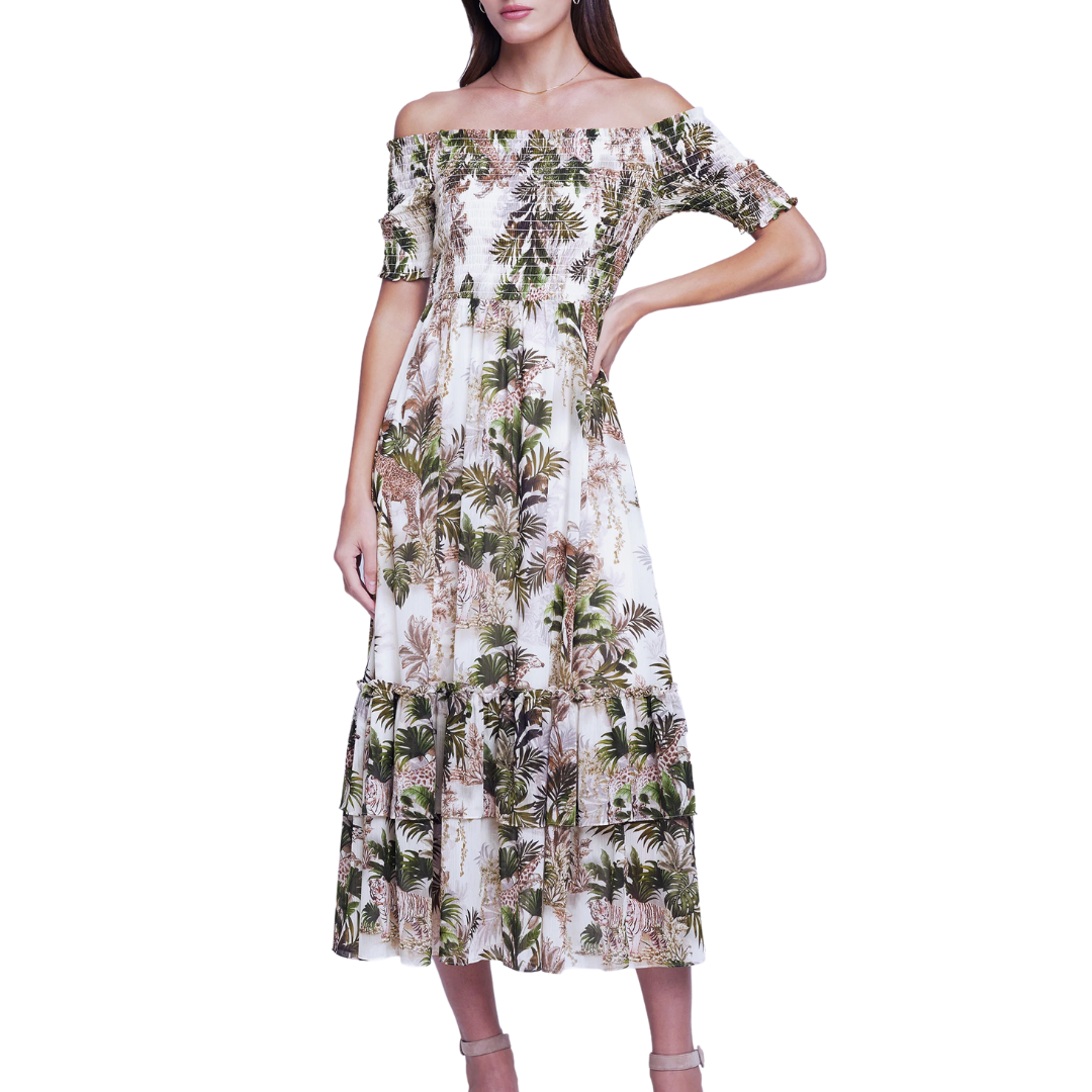 vintage safari dress L'Agence Oriel Dress in Antique White Multi Vintage Safari