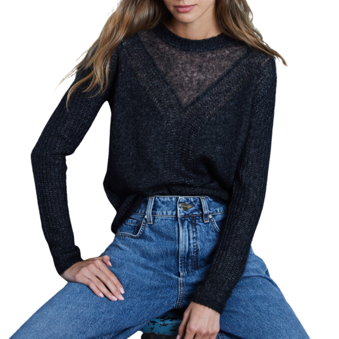 Shaker Cable Crew w/ Sheer Yoke in Black