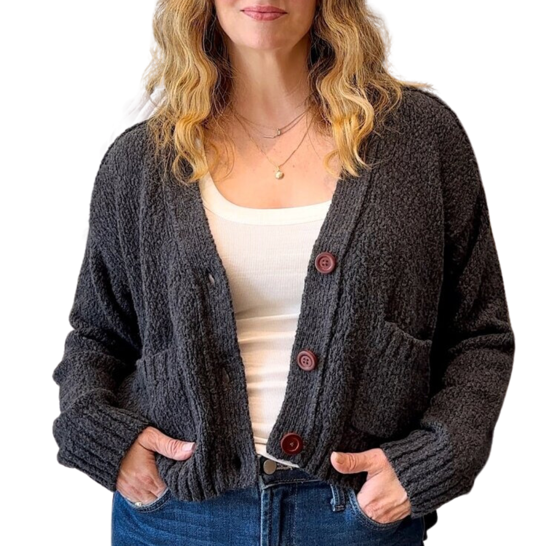 Cropped V Neck Cardigan w/ Pockets in Charcoal