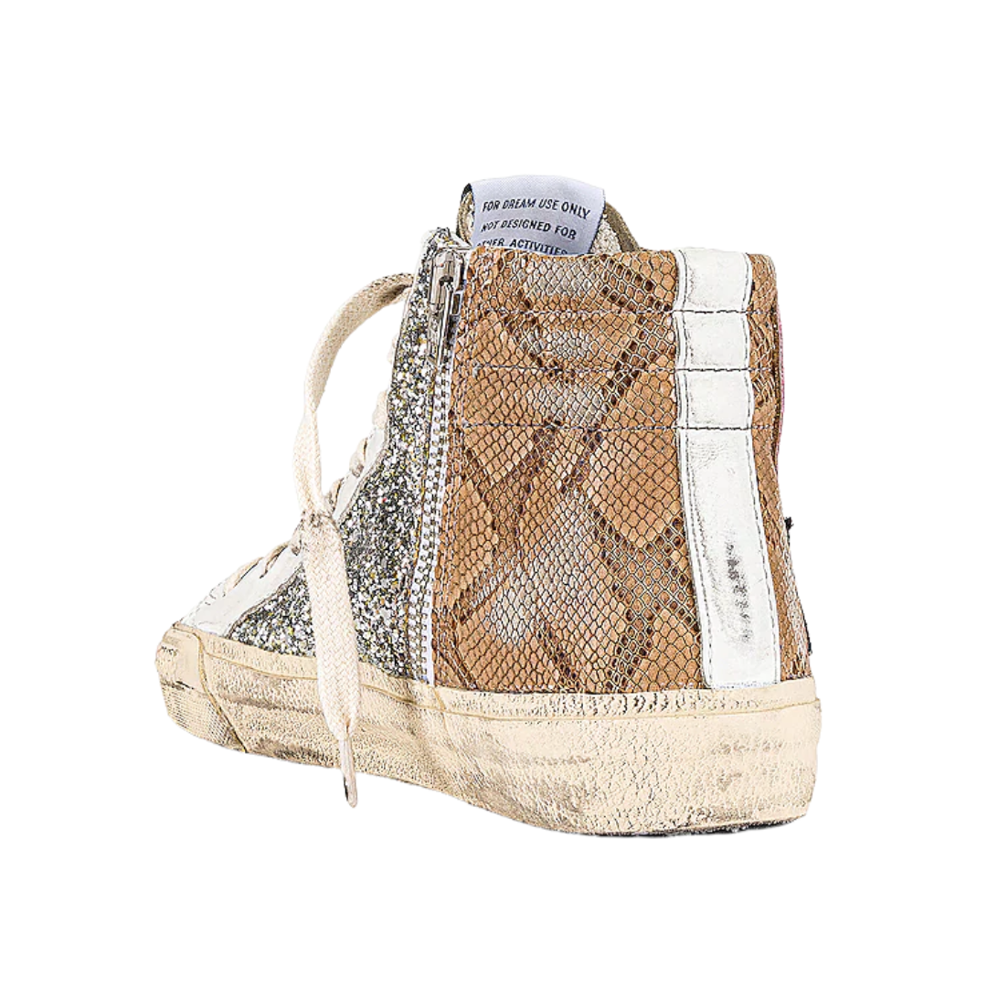 Slide Mid-Top Snake Glitter Sneakers in Platinum/Beige/Taupe