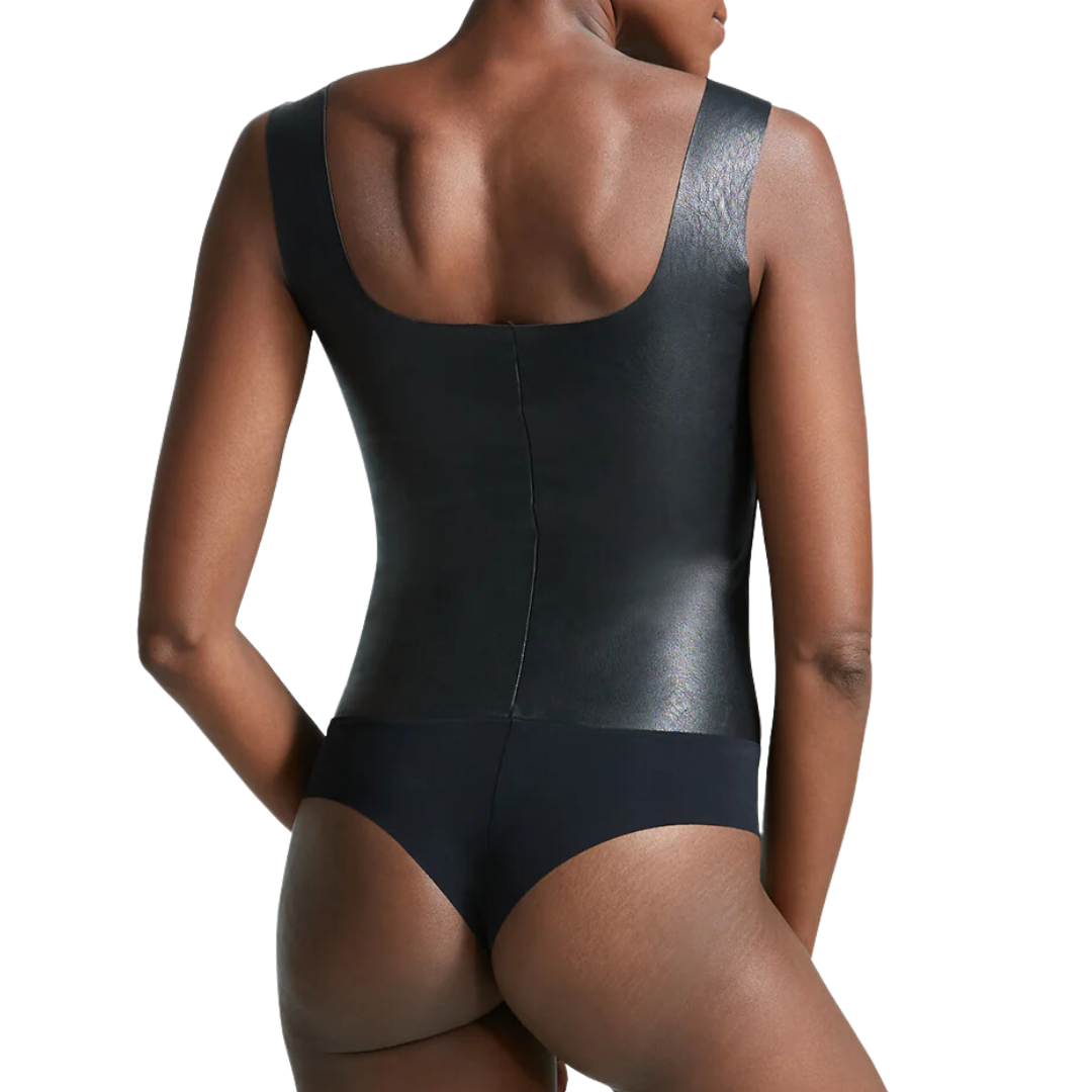 Faux Leather Squareneck Bodysuit in Black