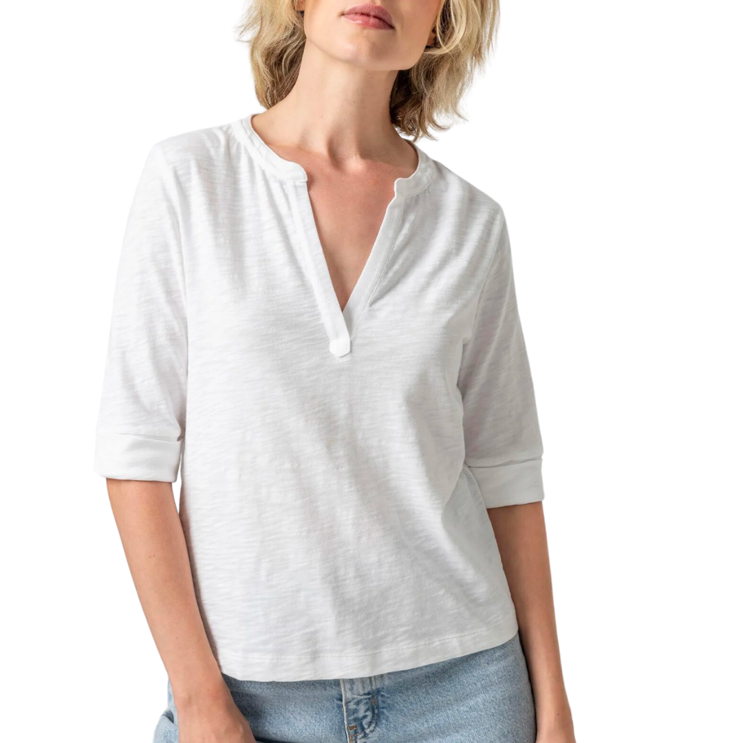 Elbow Sleeve Split Neck in White