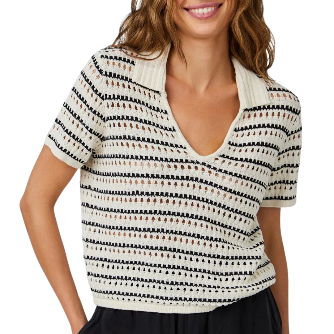 Collared Popover Sweater in Ivory & Black Stripes