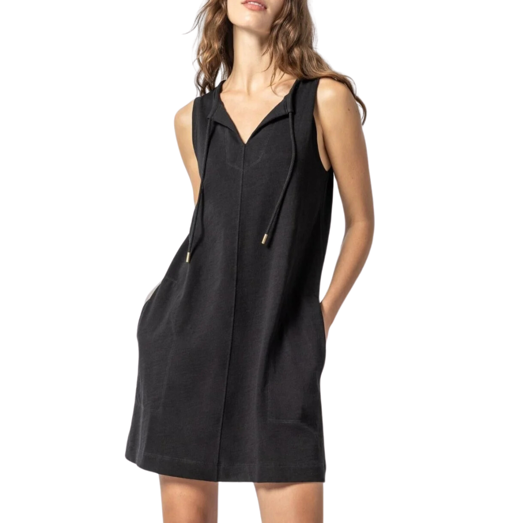 Split Neck Sleeveless Dress in Black