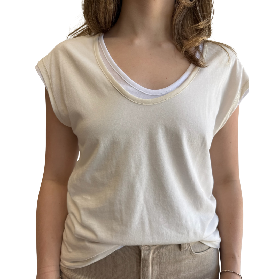 Supima Cotton Double Layer Short Sleeve V-Neck in Cream