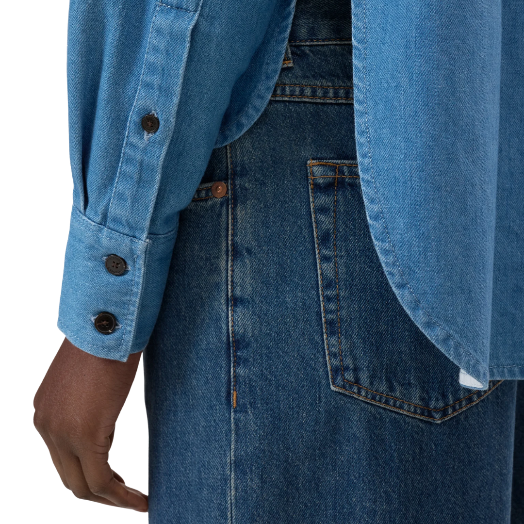 Cropped Denim Shirt in Mid Blue