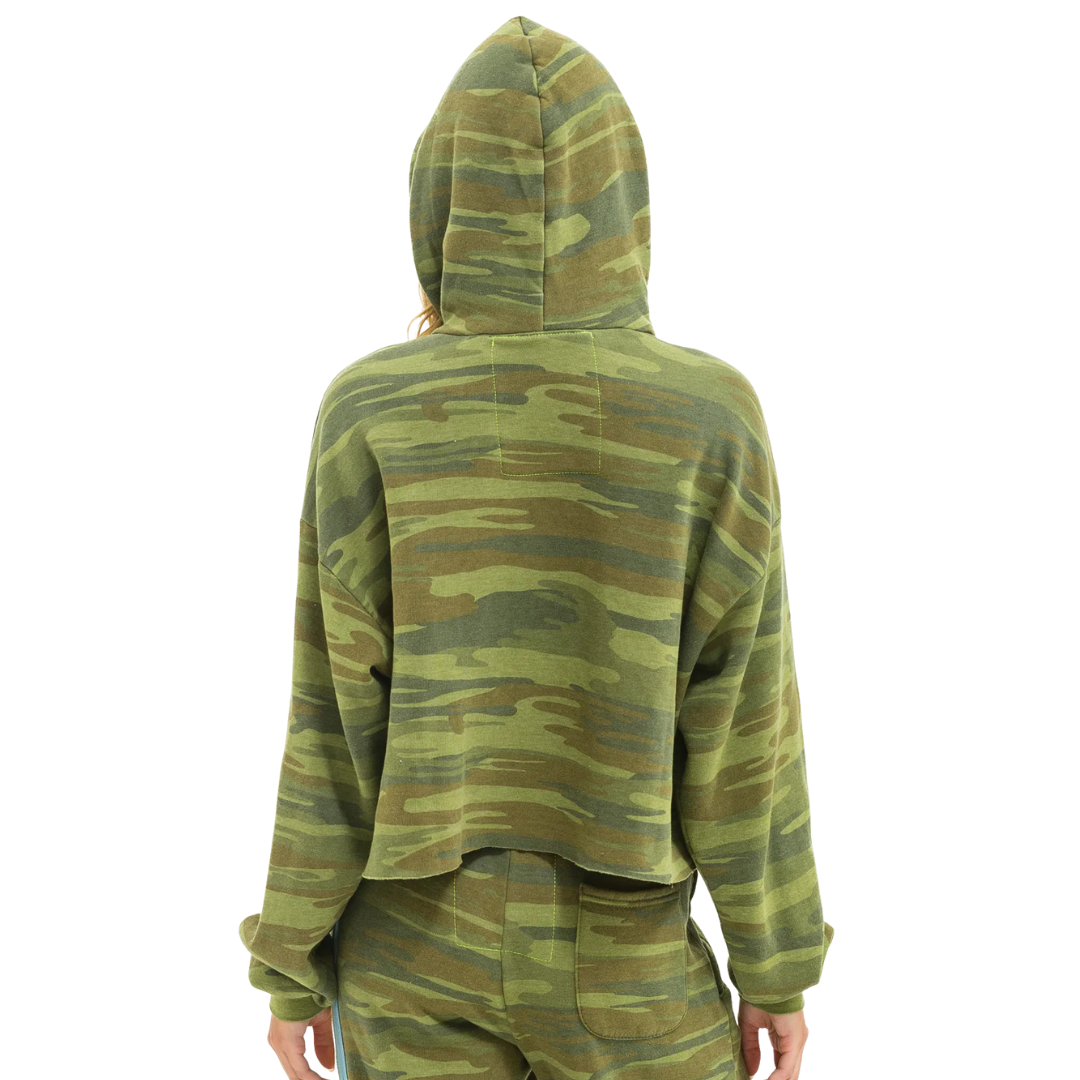 5 Stripe Cropped Pullover Hoodie in Camo/Lime/Aqua