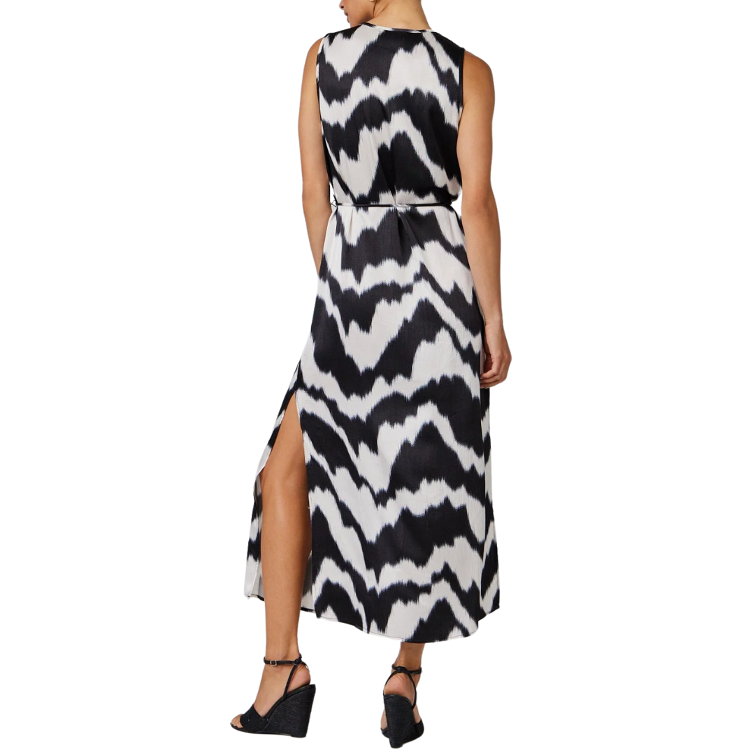 Sleeveless Belted Maxi Dress in Abstract Ikat Print