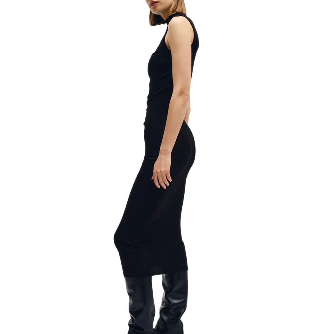 Silk Rib Sleeveless Twist Dress in Black
