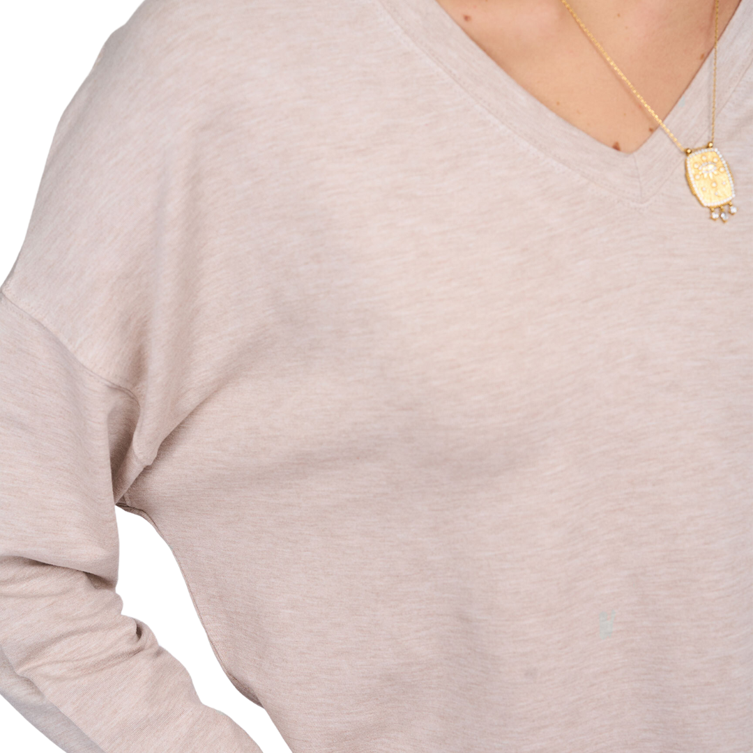French Terry Long Sleeve Semi Relaxed V-Neck in Ecru Chine