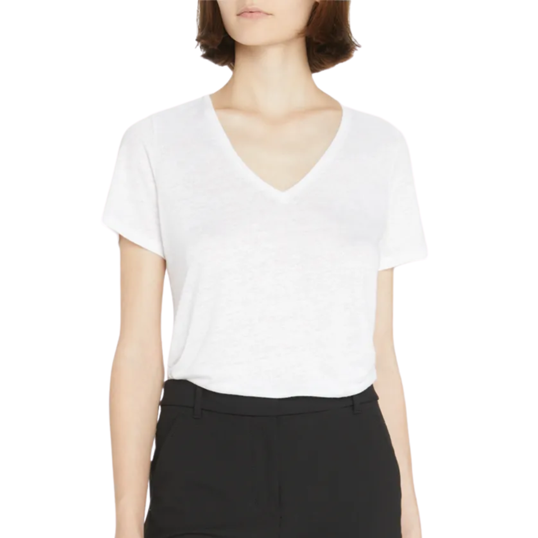 Stretch Linen Short Sleeve Semi Relaxed V-Neck in Blanc