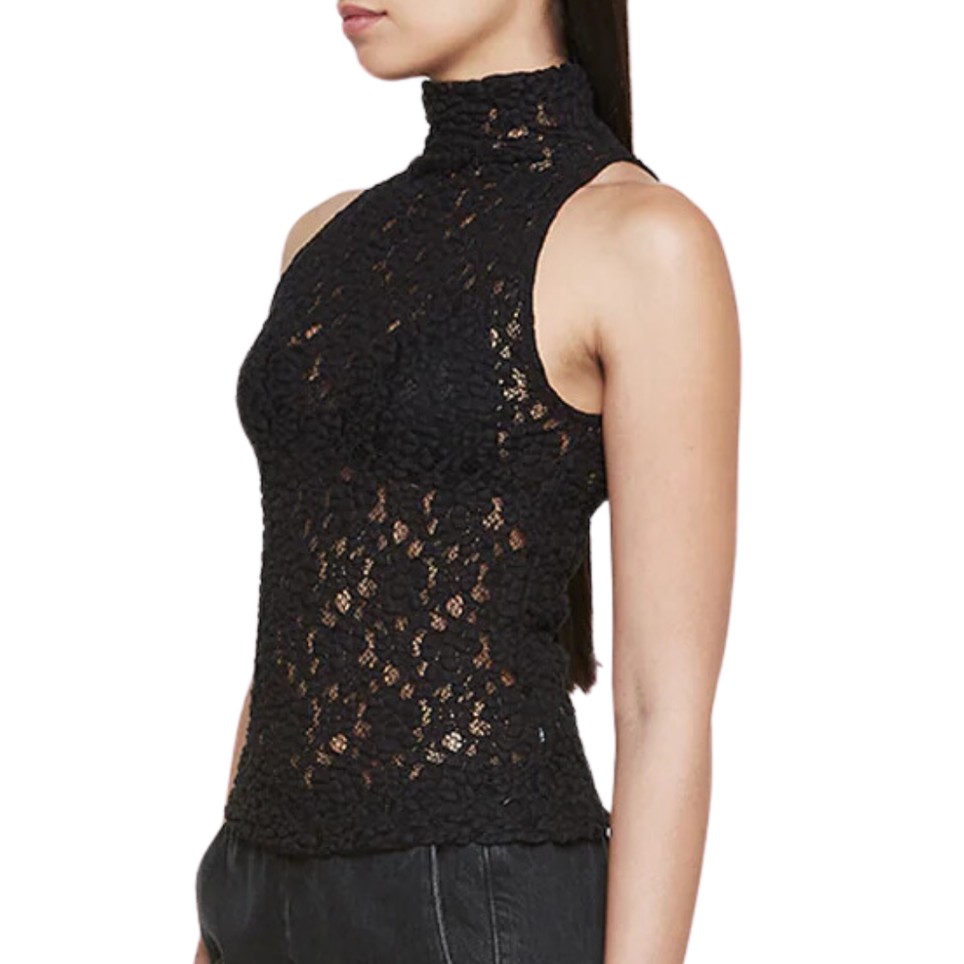 Puckered Lace Sleevelesss Mockneck in Black