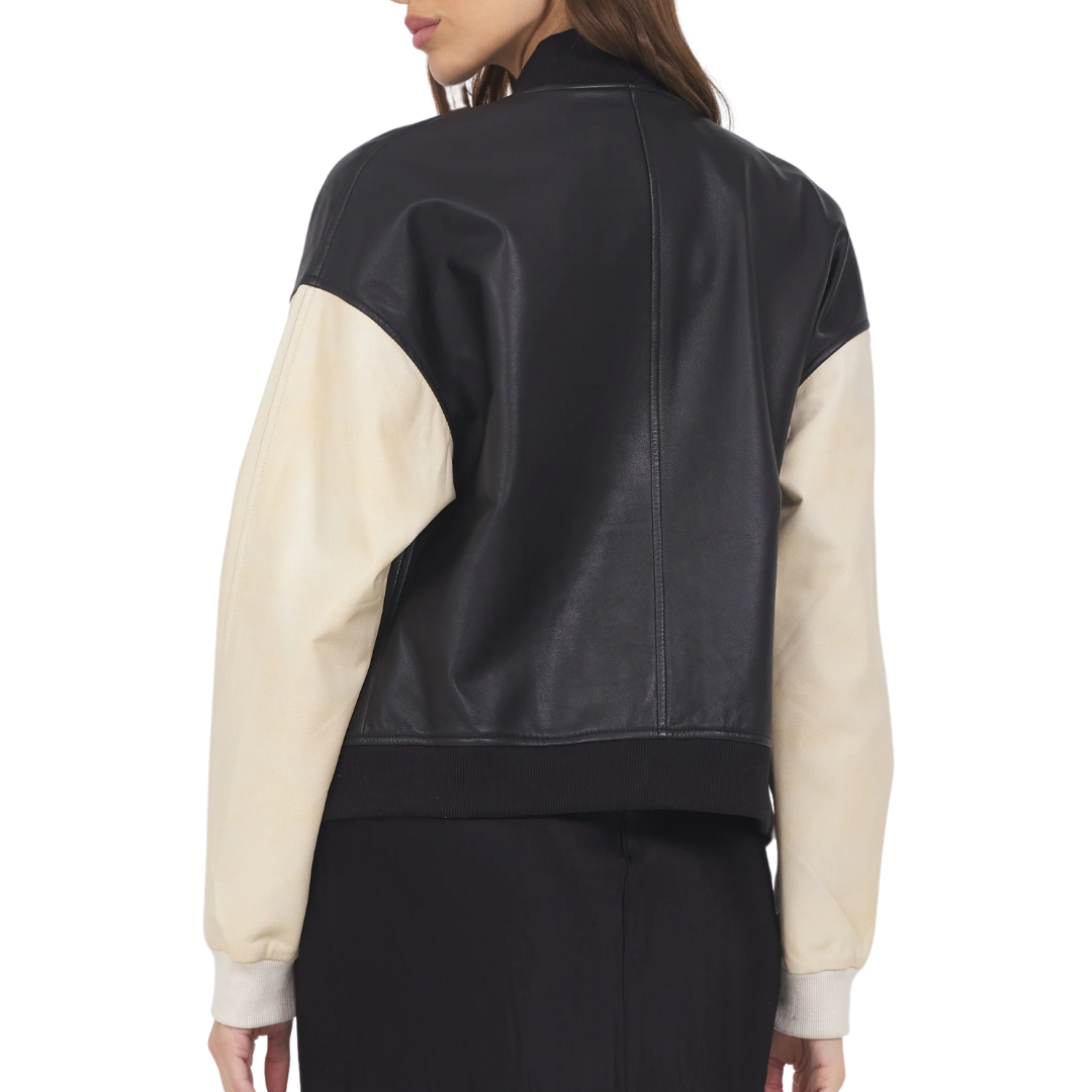 Mae Washed Leather Jacket in Black/Cream