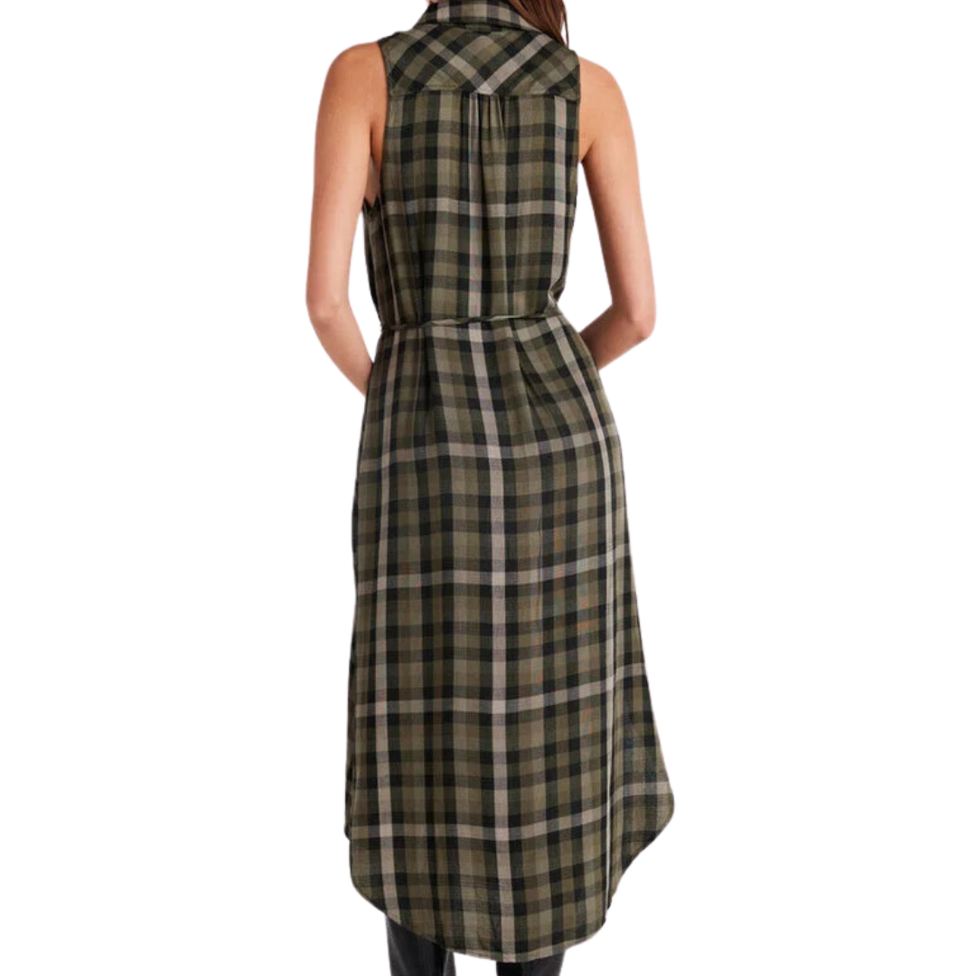 Sleeveless Button Down Midi Dress in Olive Plaid