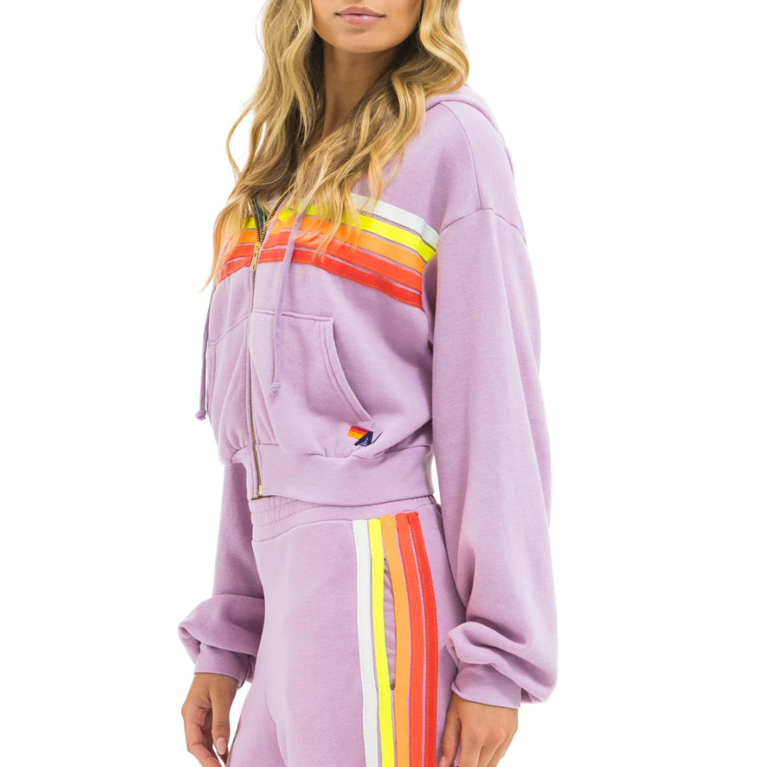 5 Stripe Cropped Zip Hoodie in Mauve/White Neon