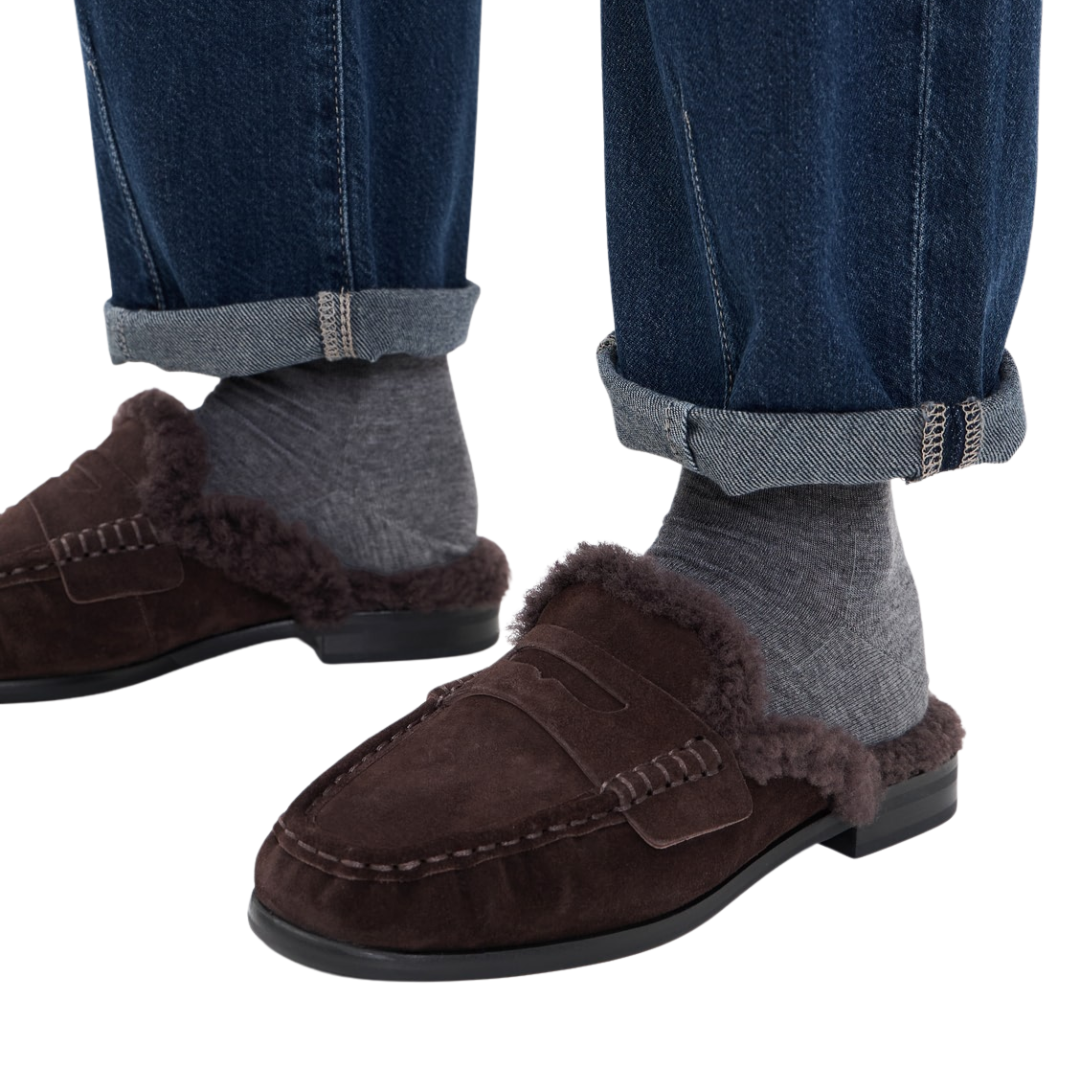Carter Shearling Mules in Dark Chocolate Suede