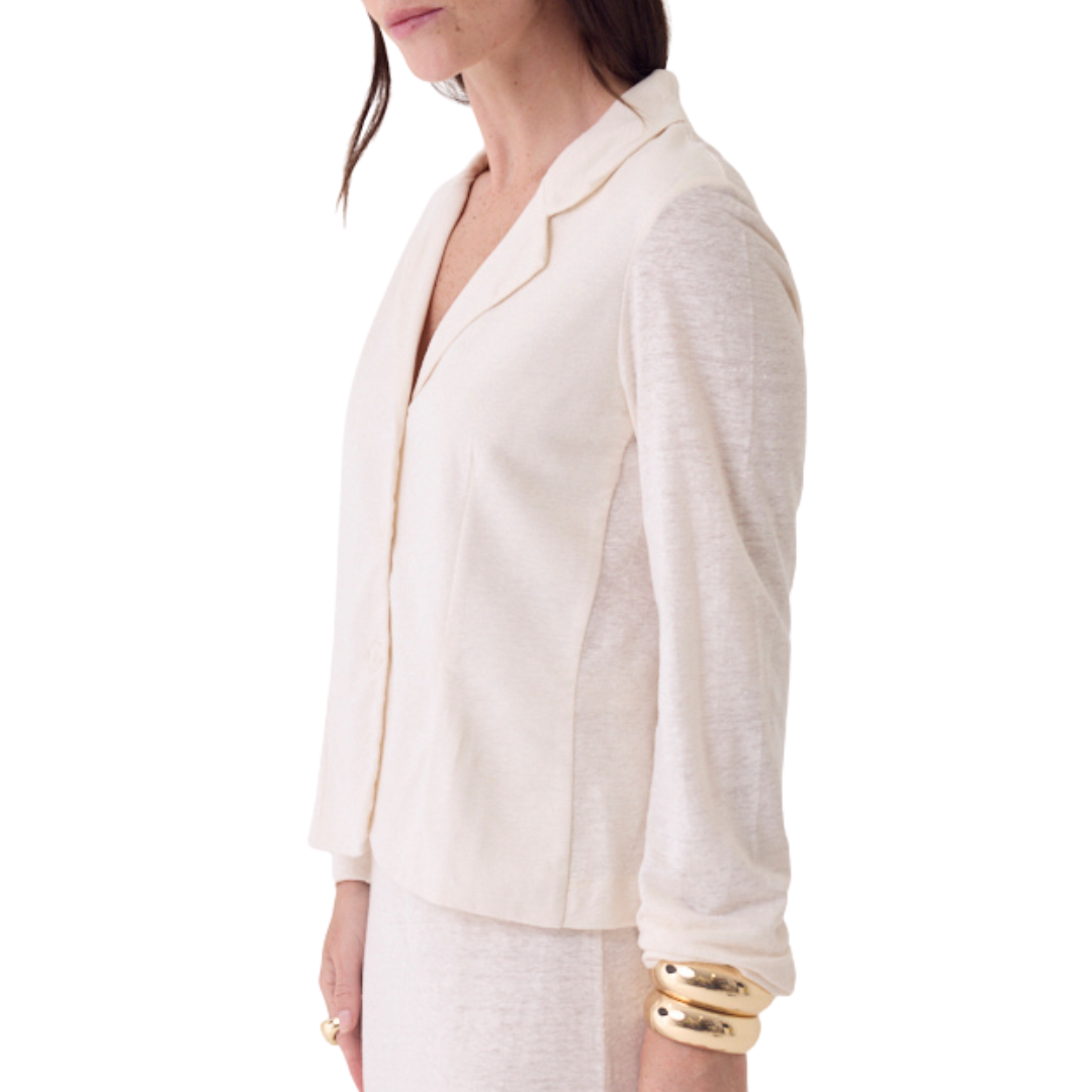 Stretch Linen Three Button Blazer in Cream