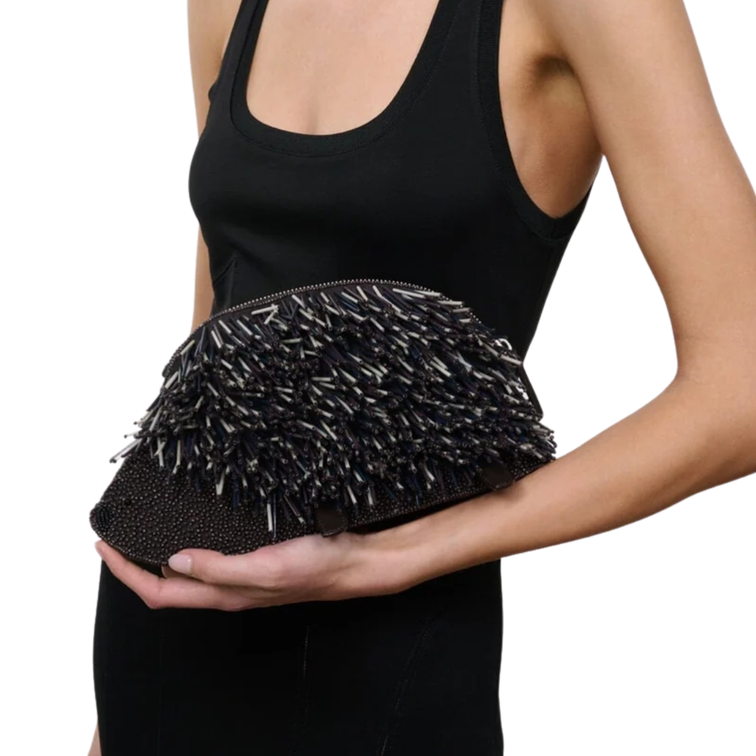 Porcupine Clutch in Black Beaded Multi
