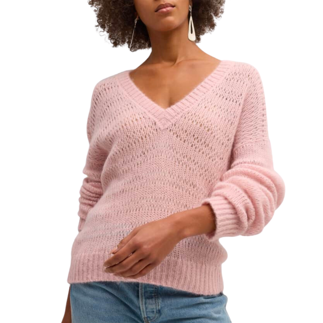 Alpaca Blend Open Stitch V-Neck in Blush